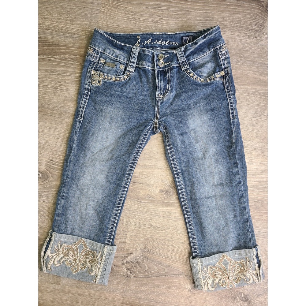 Y2K LA Idol Sz 7 Denim Capri Jeans‎ Low Rise Studded Embroidered It Girl McBling